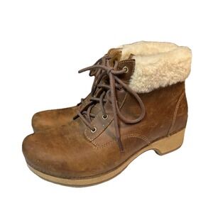 Dansko Bailee Leather Fleece Trim Lace Up Clog Boot Brown EU Size 39 / USA 8 EUC